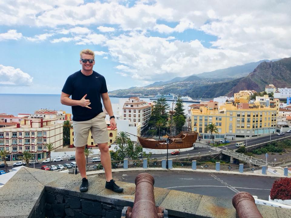 Xander Clemens is in the Canary Island with the Seabourn Quest in the background