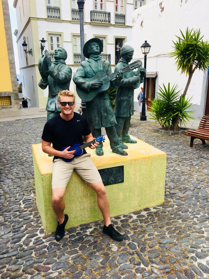 Xander Clemens is in the Canary Islands with a ukelele