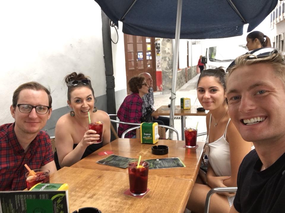 Xander Clemens is with Daniel Pepper, Tasmyn Tudor and Kirsty Jones in La Palma Canary Islands sitting at a table