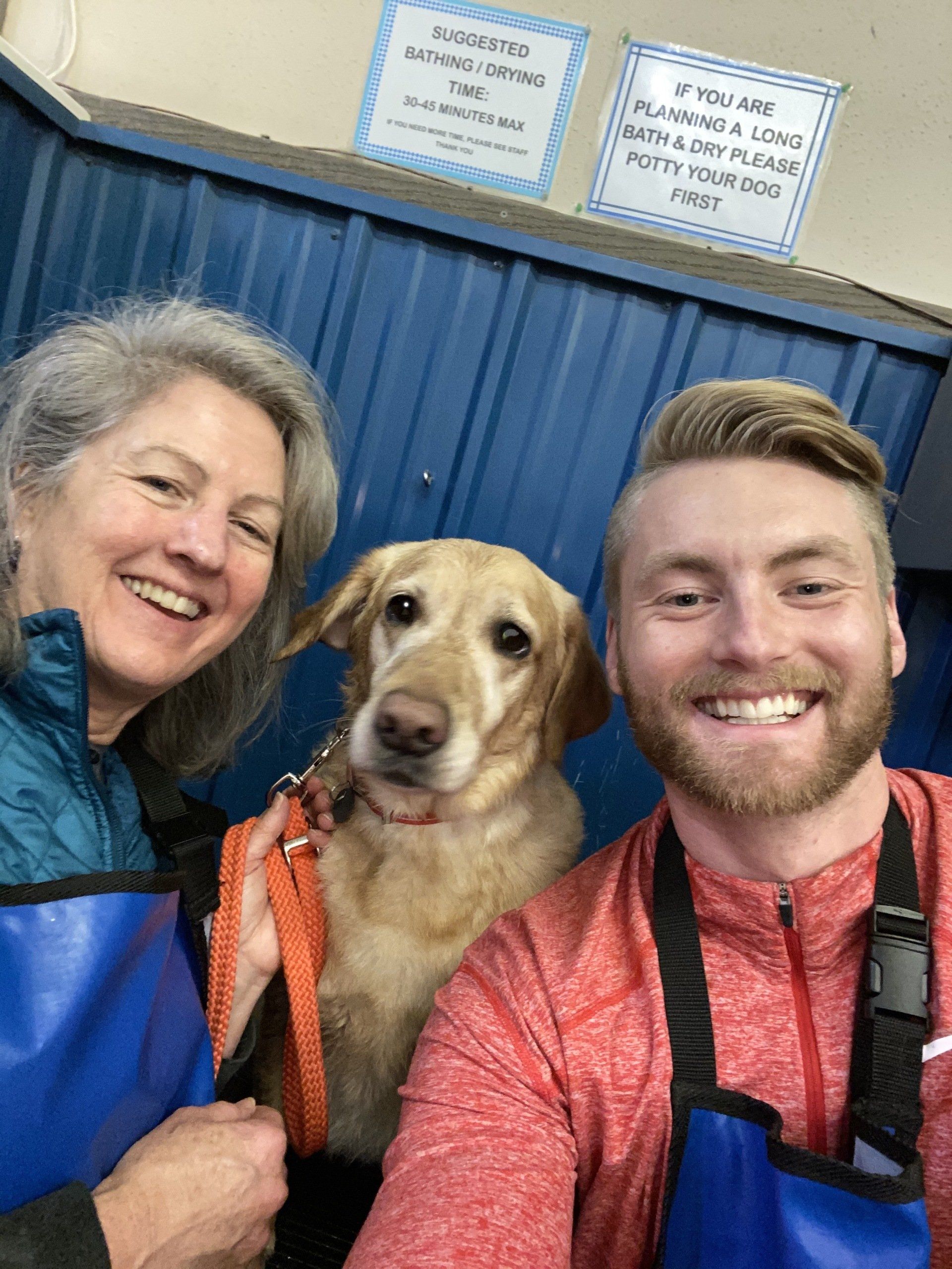 Xander Clemens with Janet Clemens and Rasta the golden retriever