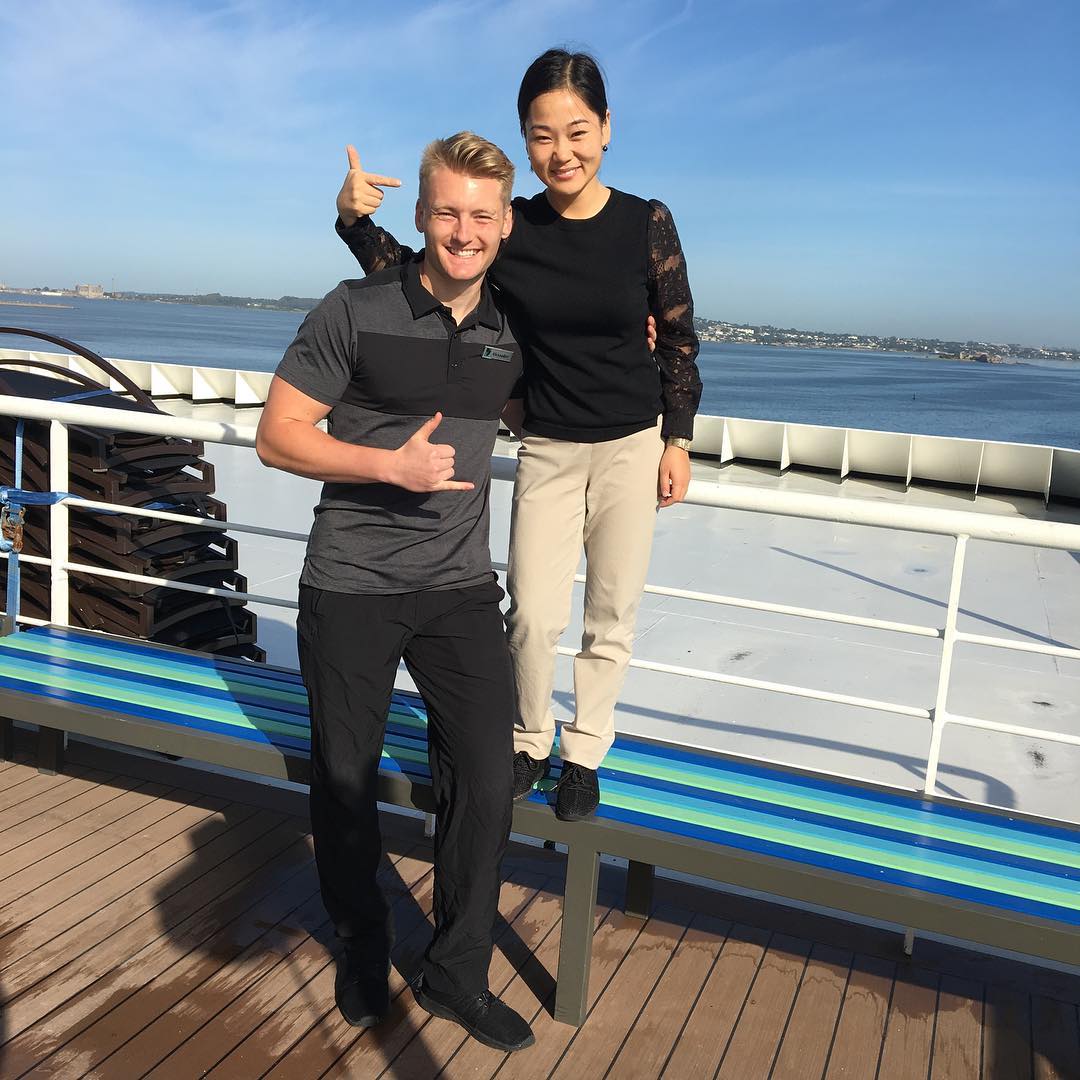 Xander Clemens with Qiana Xu in Montevideo, Uruguay on the Seabourn Quest