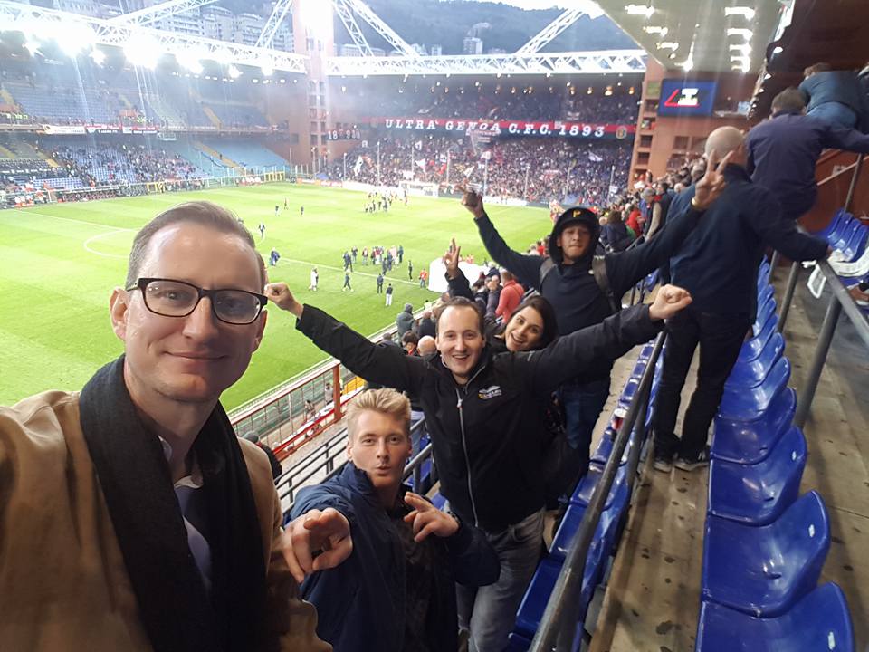 Daniel Peppers with Xander Clemens at a Genoa C.F.C football match in Genoa, Italy