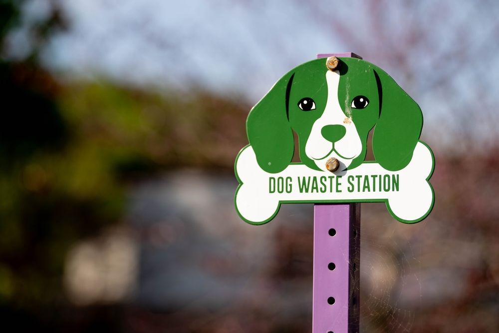 Green dog waste station sign with dog face and bone shape.