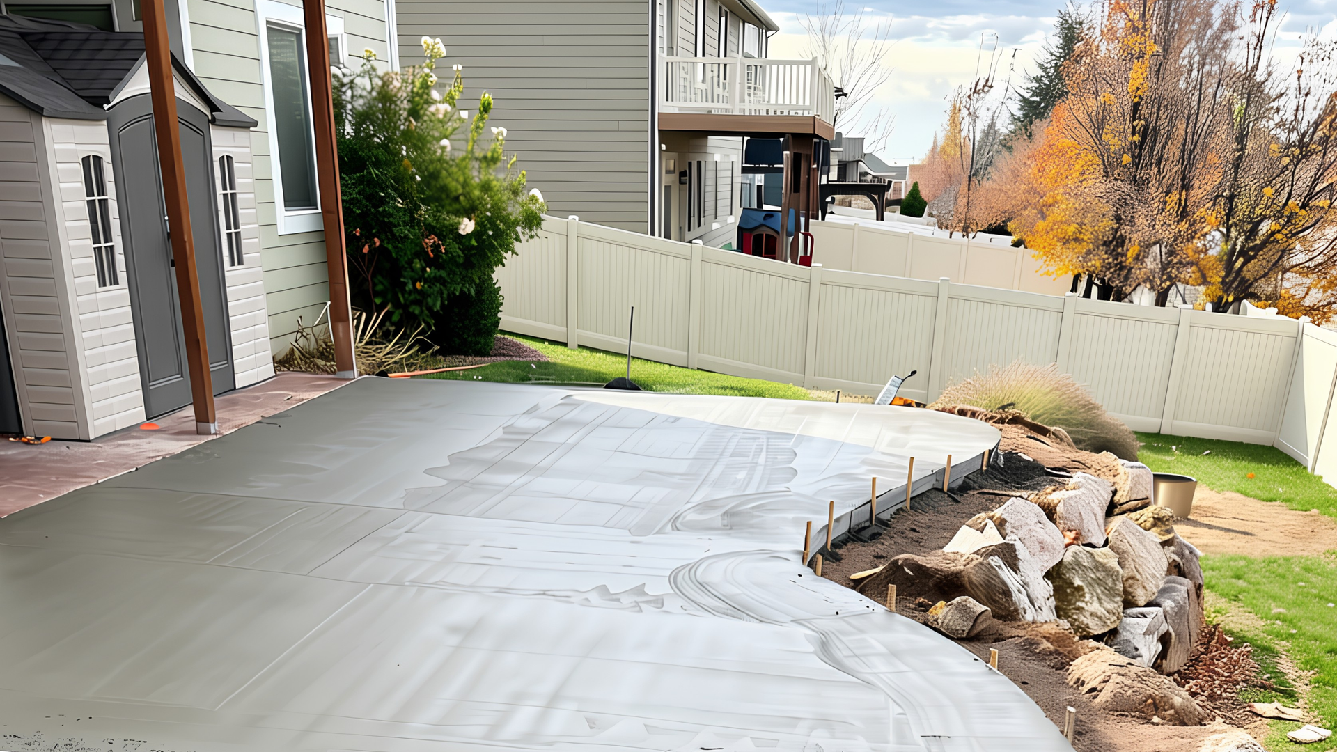 Freshly poured concrete driveway curing at a Syracuse Utah home on a clear spring day