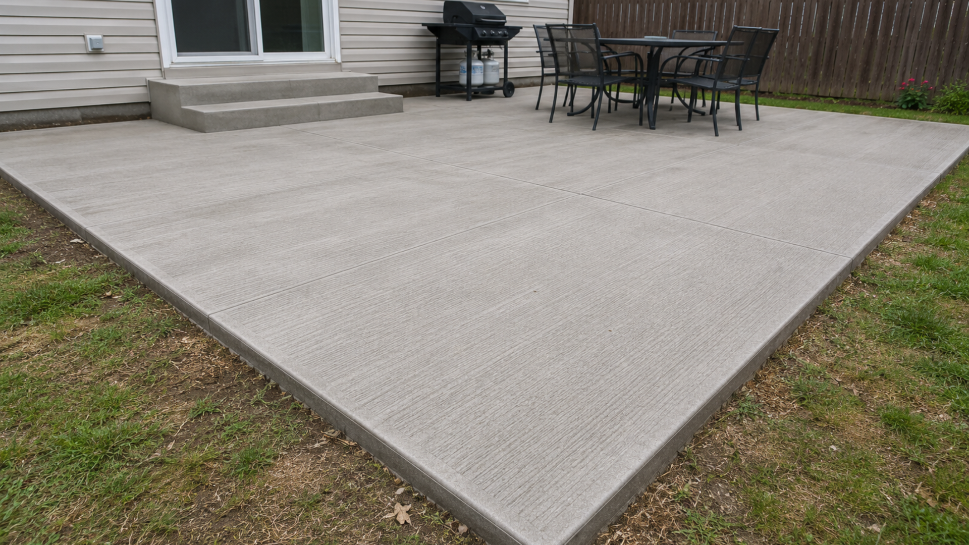Broom finish concrete patio with textured surface, outdoor dining set, and realistic backyard setting