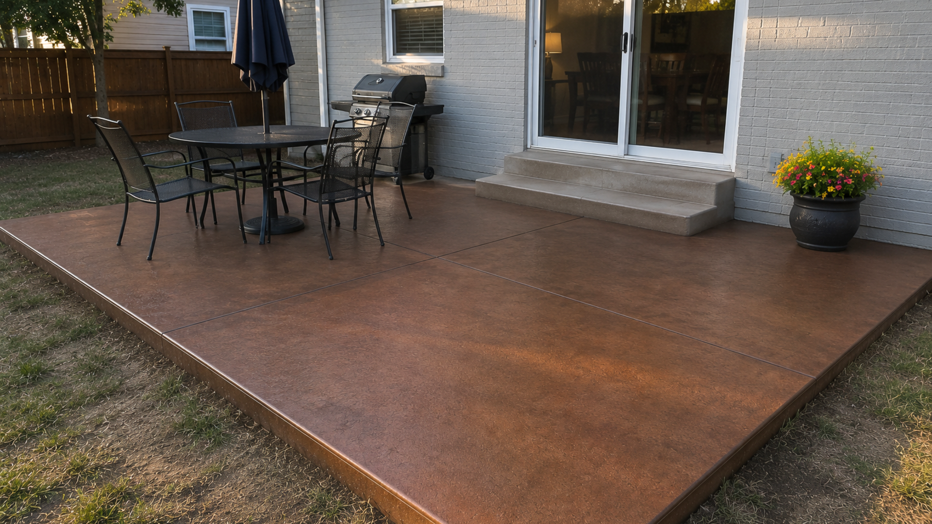 Colored concrete patio with warm brown finish, outdoor furniture, and residential backyard setting