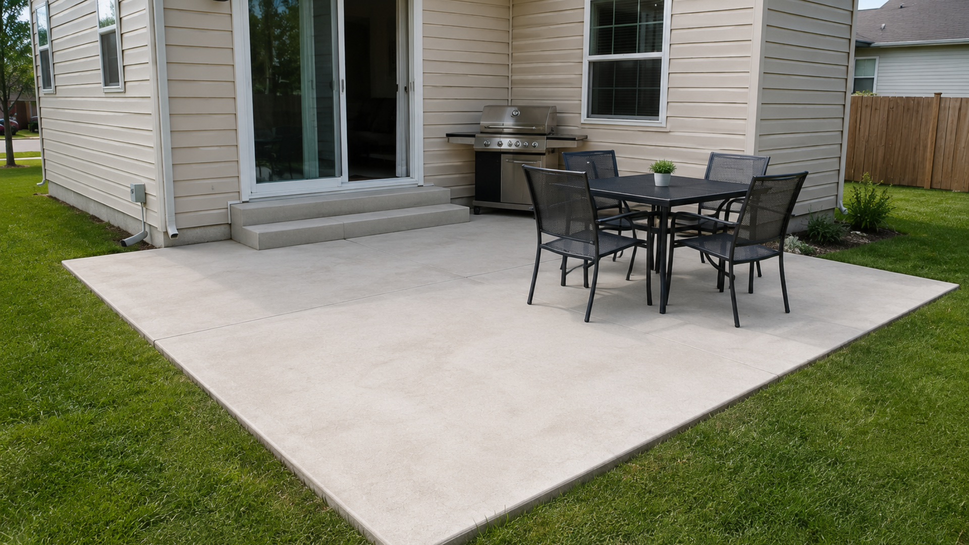 Simple rectangular concrete patio behind a residential home with outdoor dining furniture and grilling area