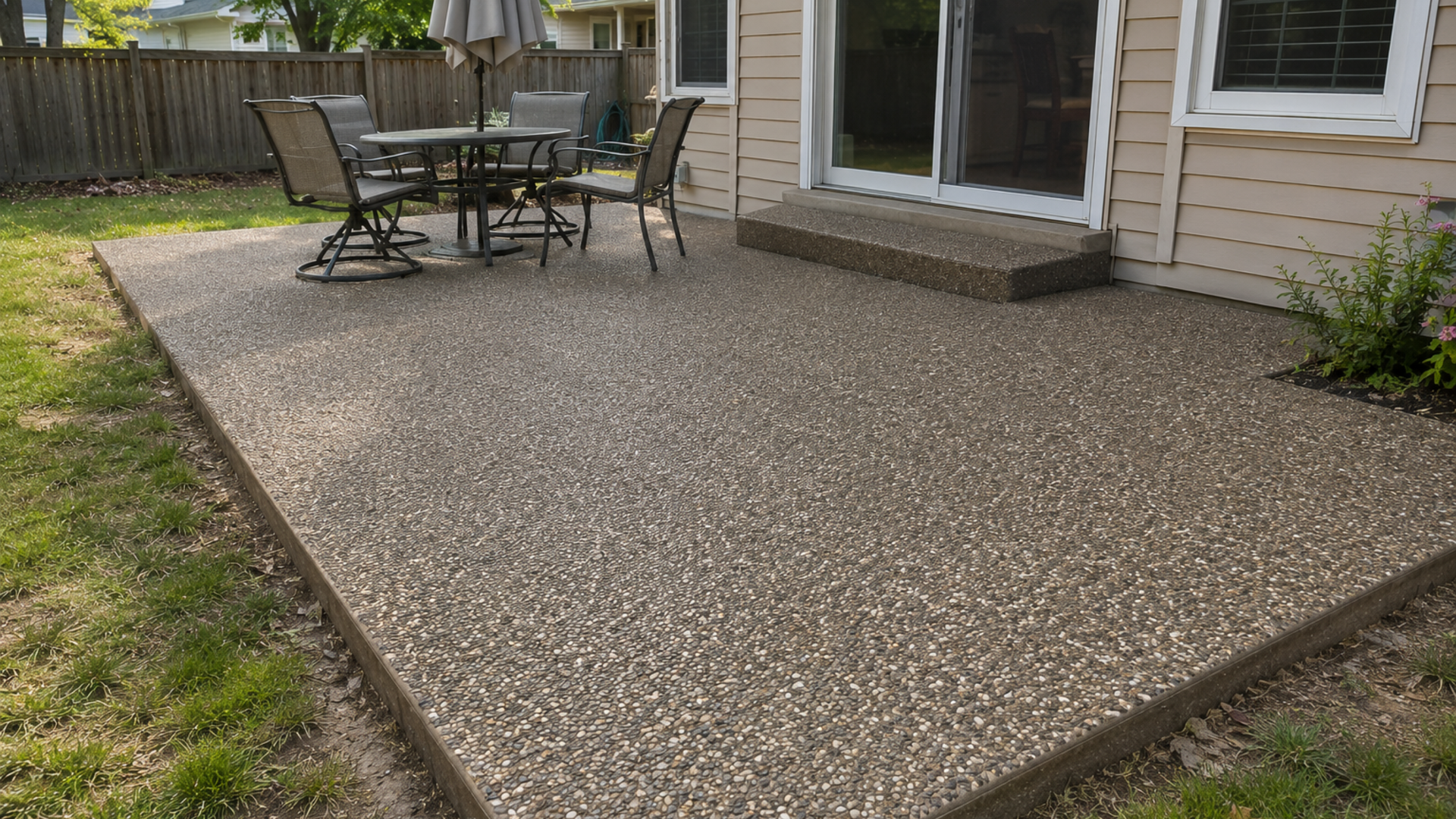 Exposed aggregate concrete patio featuring decorative stone texture and backyard dining space