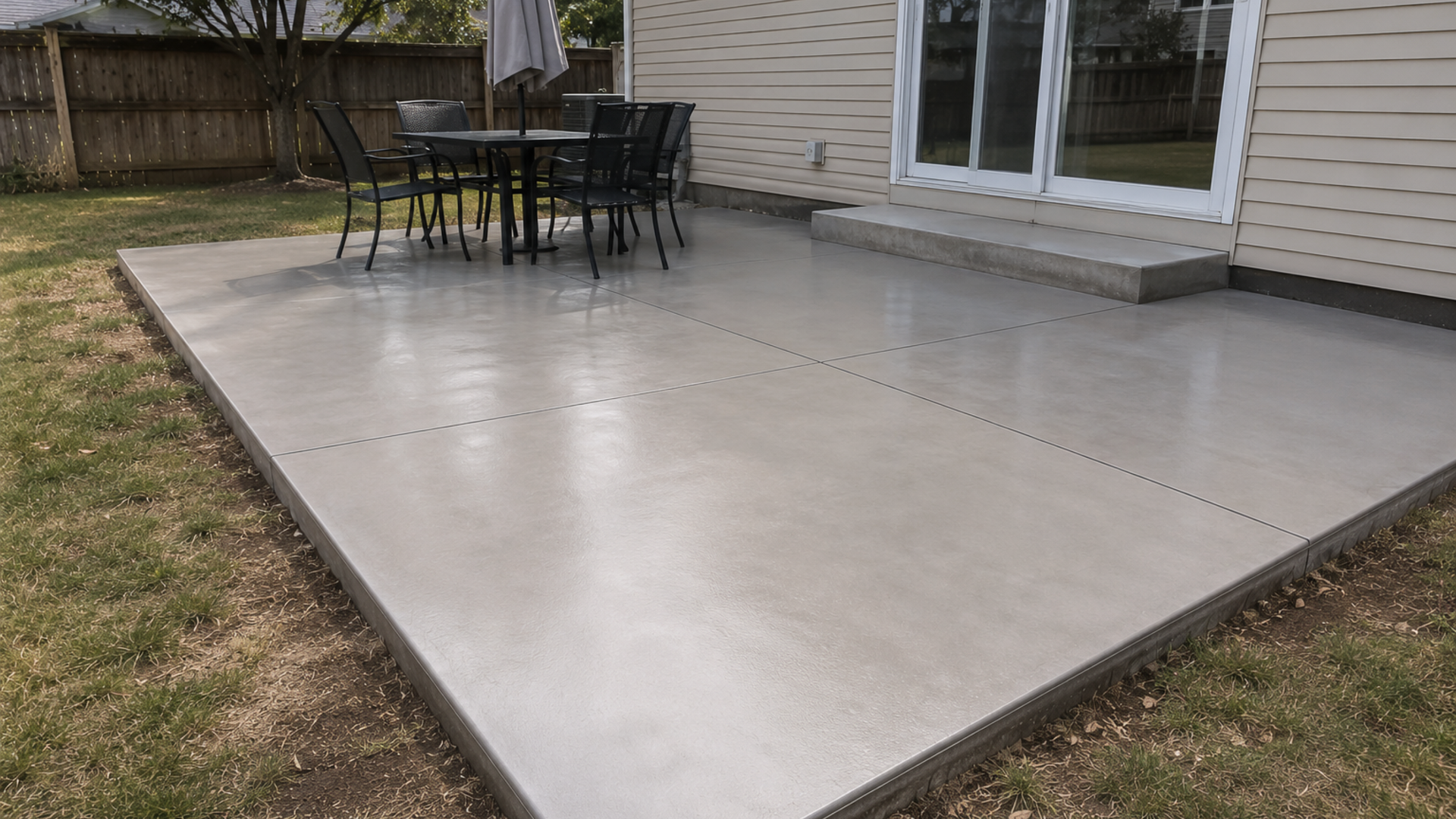 Smooth finish concrete patio with clean modern surface and outdoor seating area in a residential backyard
