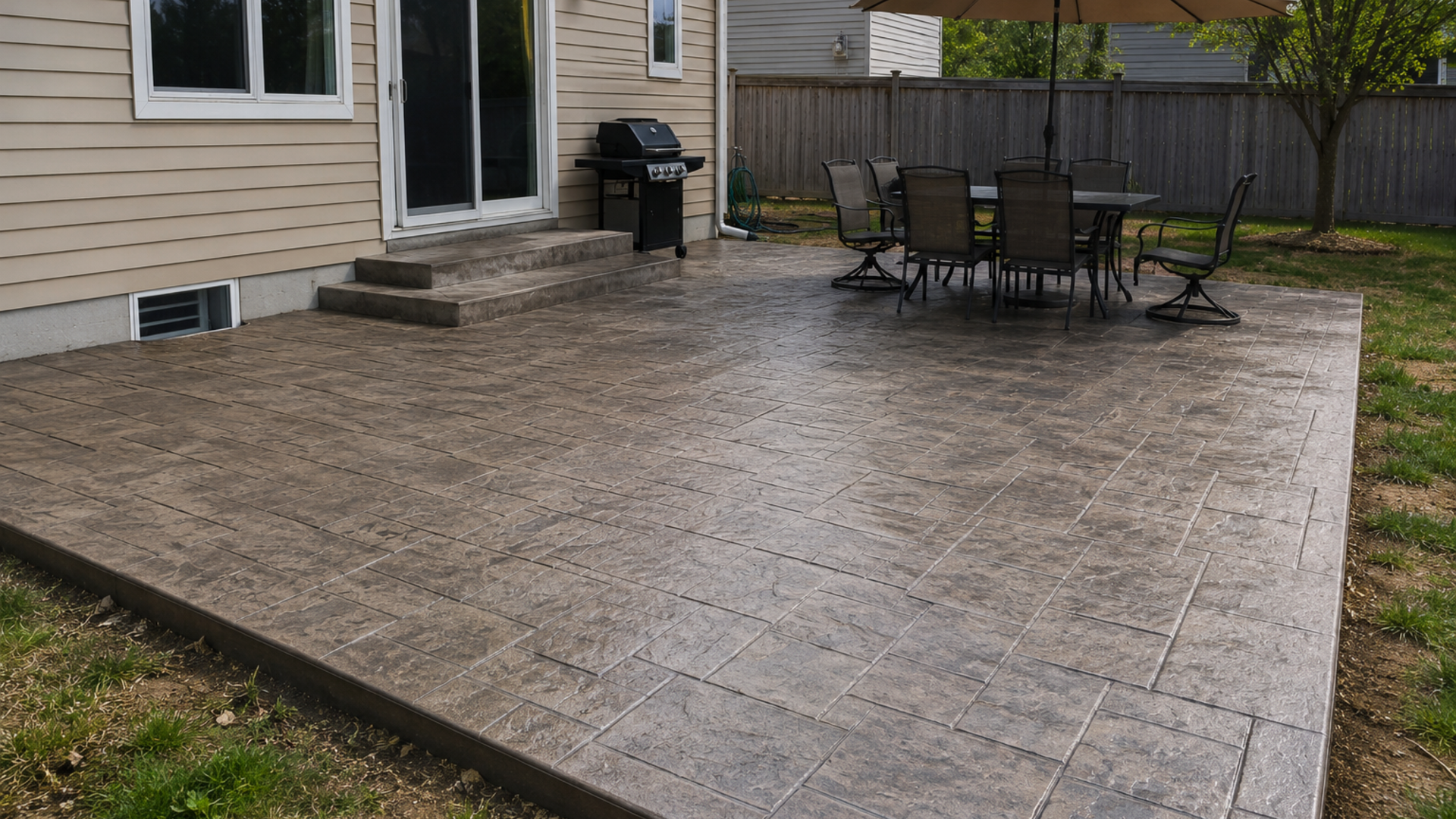 Stamped concrete patio with decorative stone pattern and outdoor entertaining area behind a home