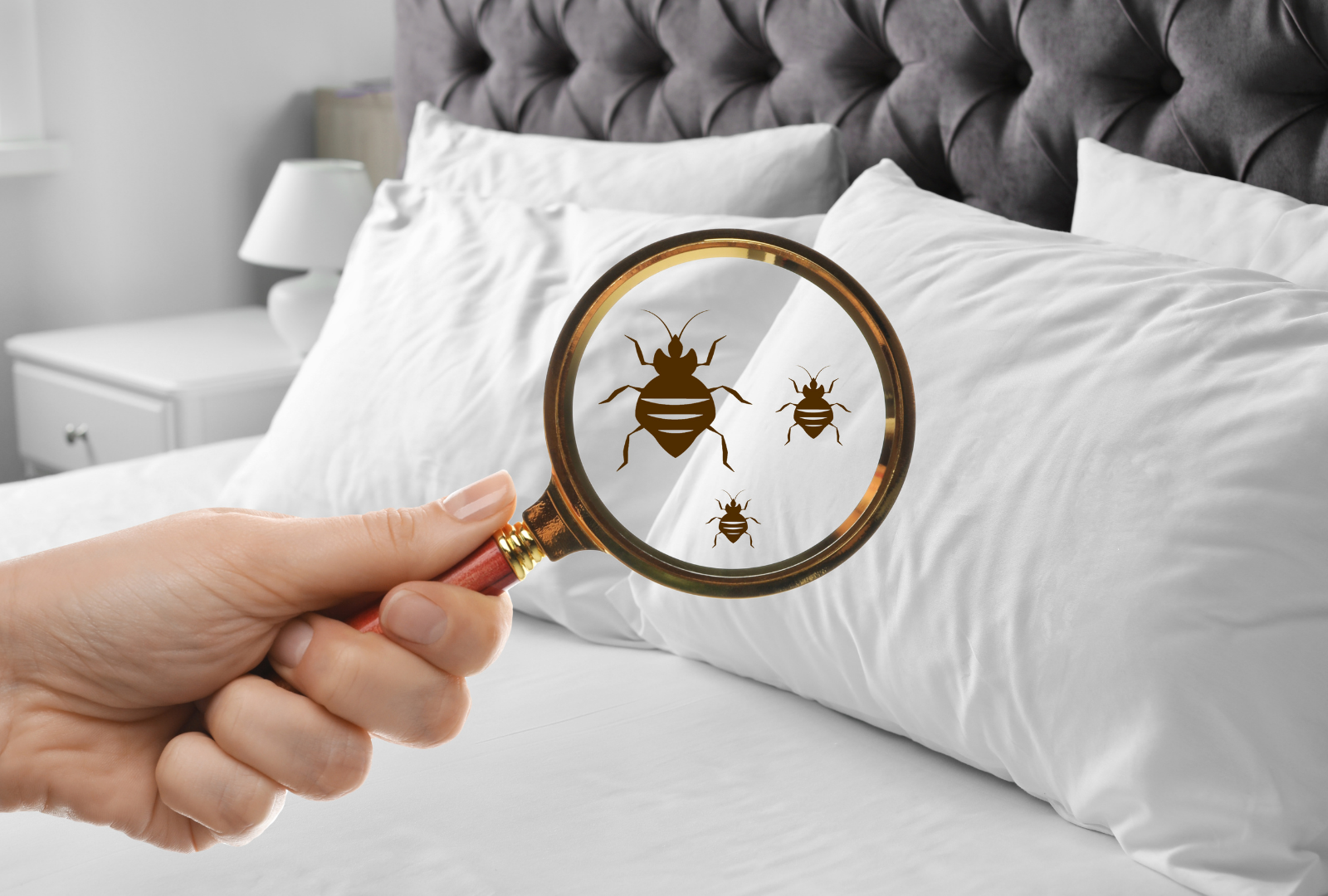 Hand holding magnifying glass over bed with bed bugs.