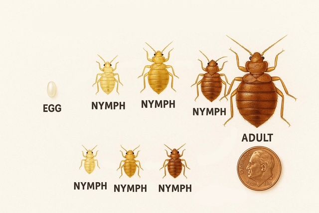 Bed bug life cycle illustration: egg, nymph stages (3), and adult compared to a penny.