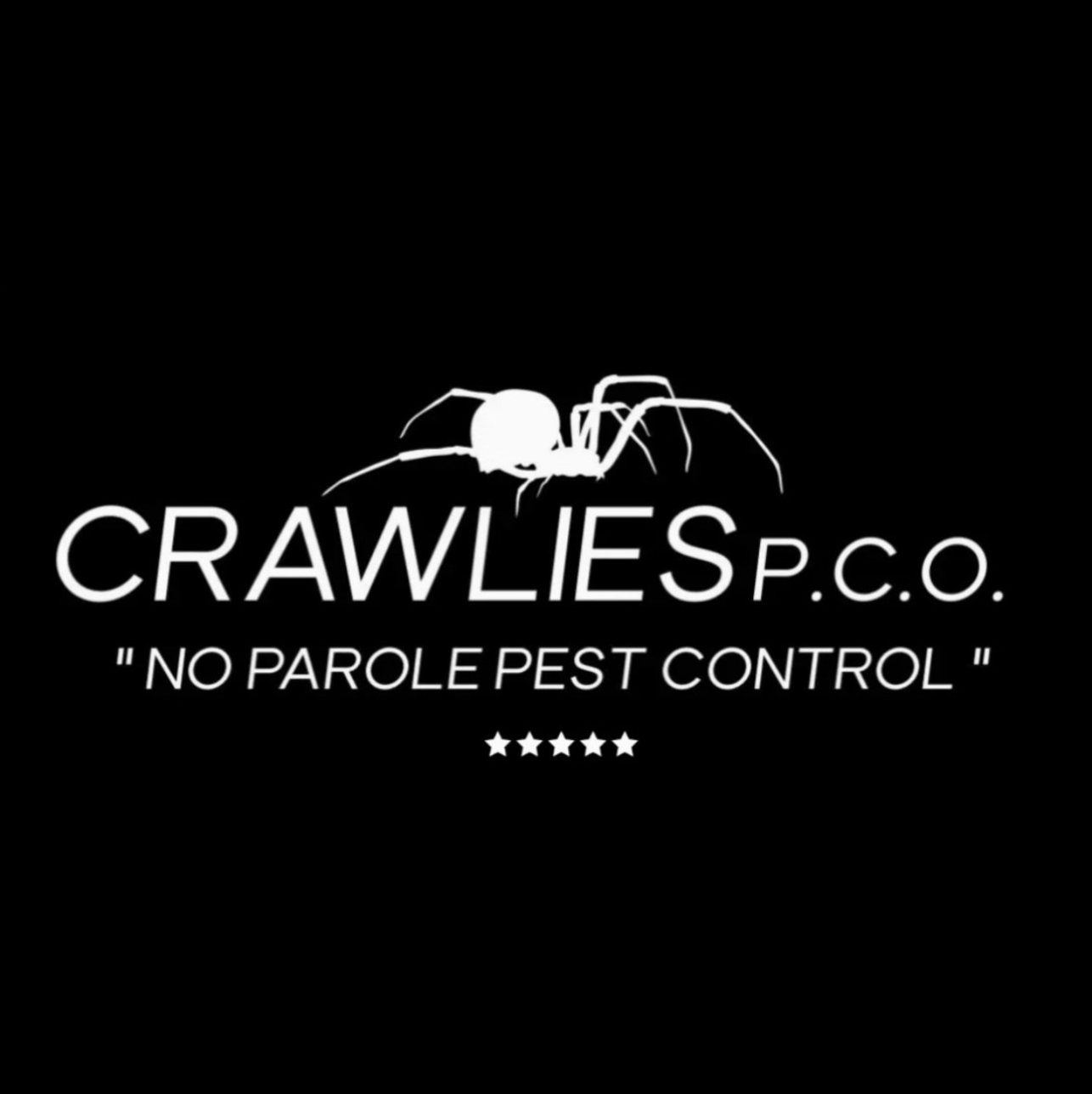 Crawlies P.C.O. logo with a white spider outline and text on black background, 