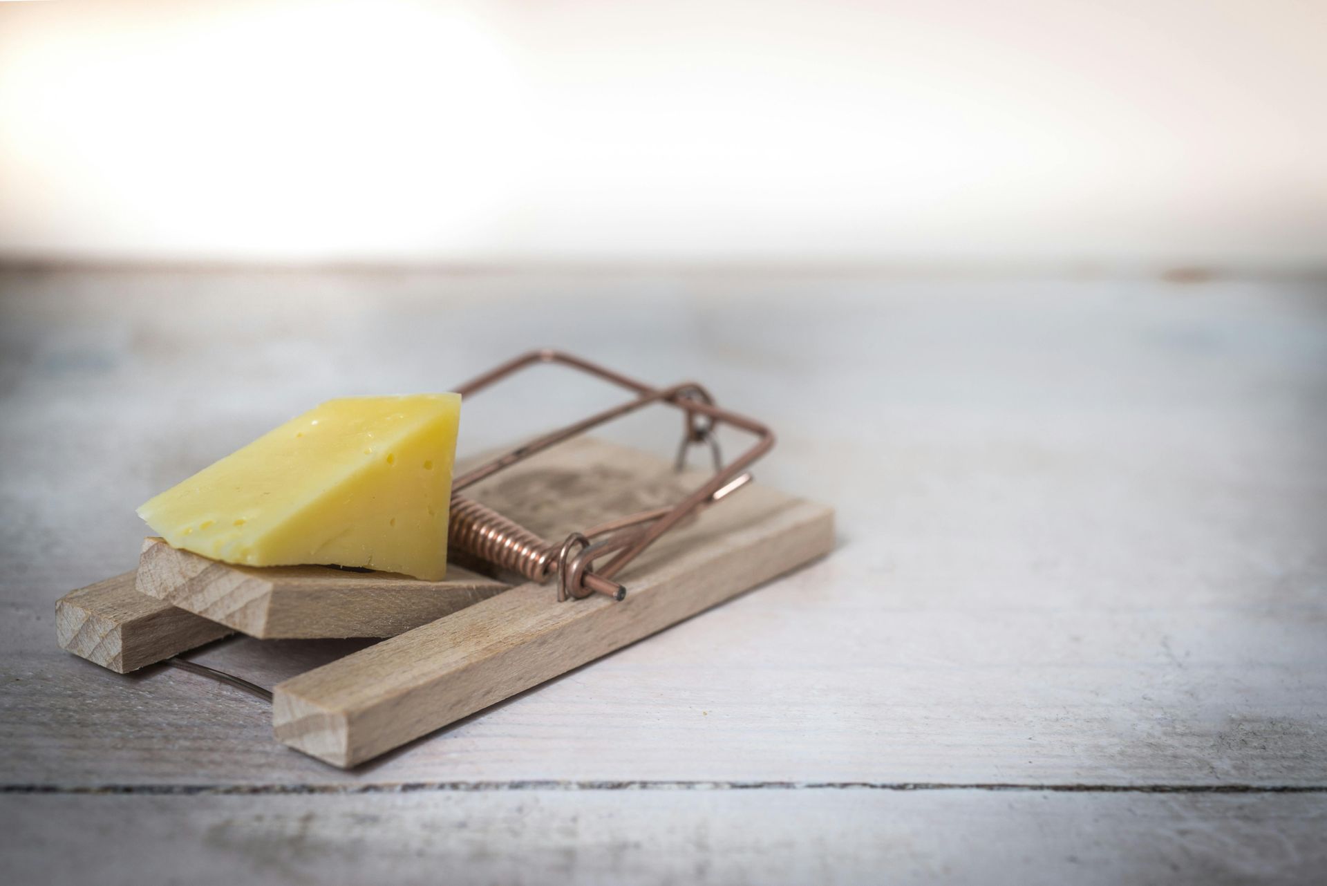 Wooden mousetrap with a yellow cheese wedge set on a white wooden surface.