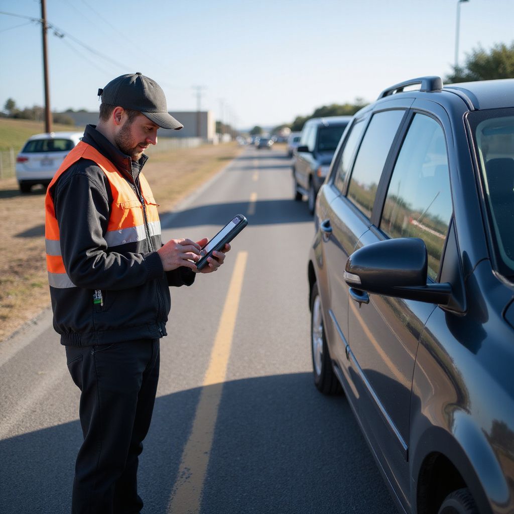 Roadside worker in orange vest uses tablet near a dark minivan on a sunny day.