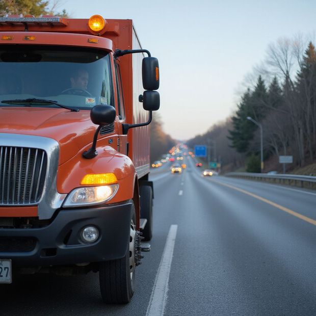 Orange dump truck on a highway, with other vehicles driving in the distance.