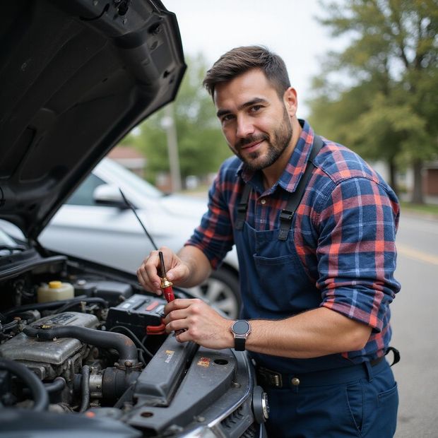 Mechanic with the hood open, checking the car engine, smiling at the camera outdoors.