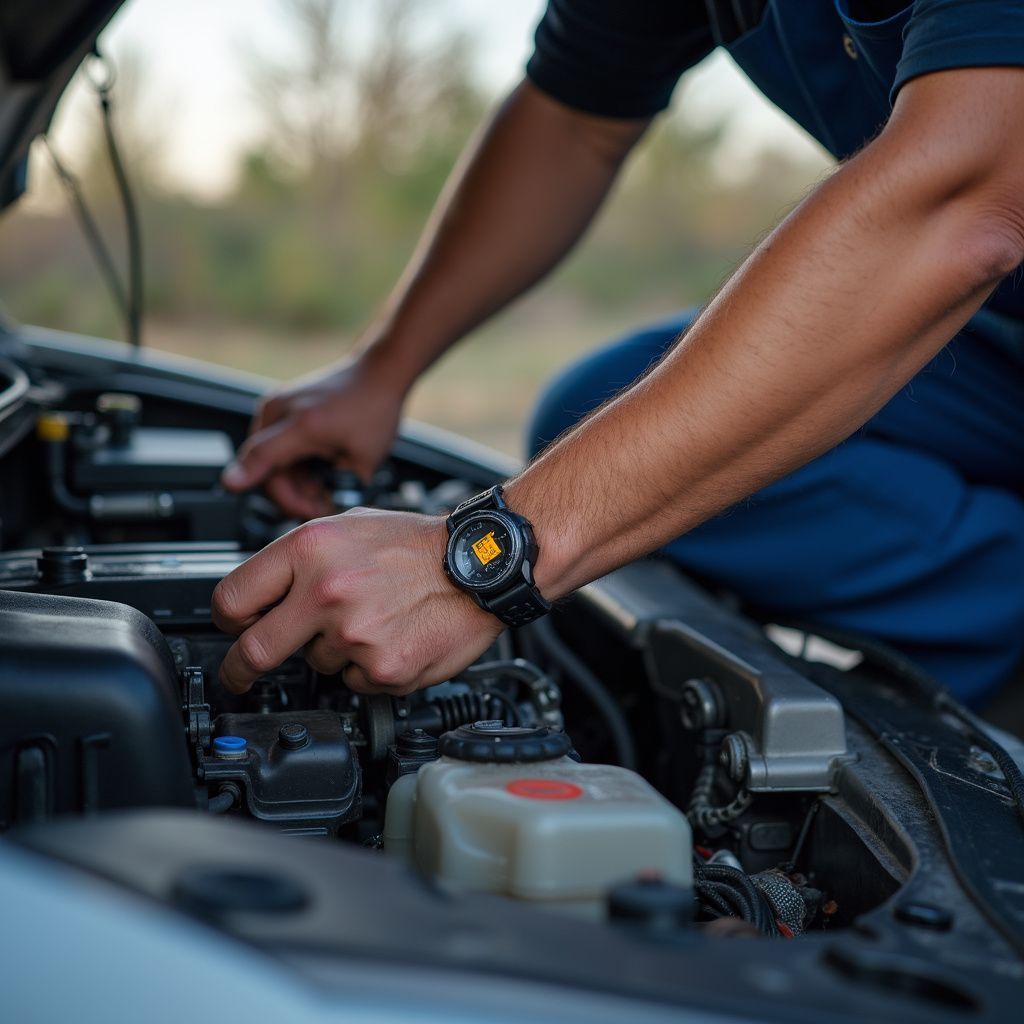 Person working on a car engine, wearing a black watch.