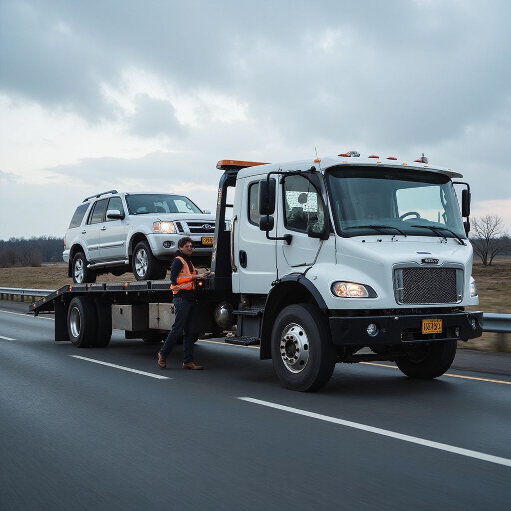 A white SUV being towed by a white tow truck on a highway; a tow truck driver stands nearby.