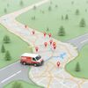 Delivery van on a map with multiple location markers, traveling to various destinations.