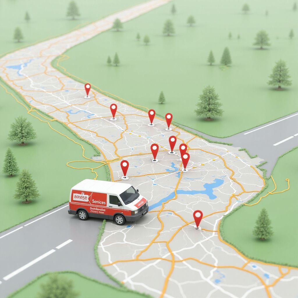Delivery van on a map with multiple location markers, traveling to various destinations.