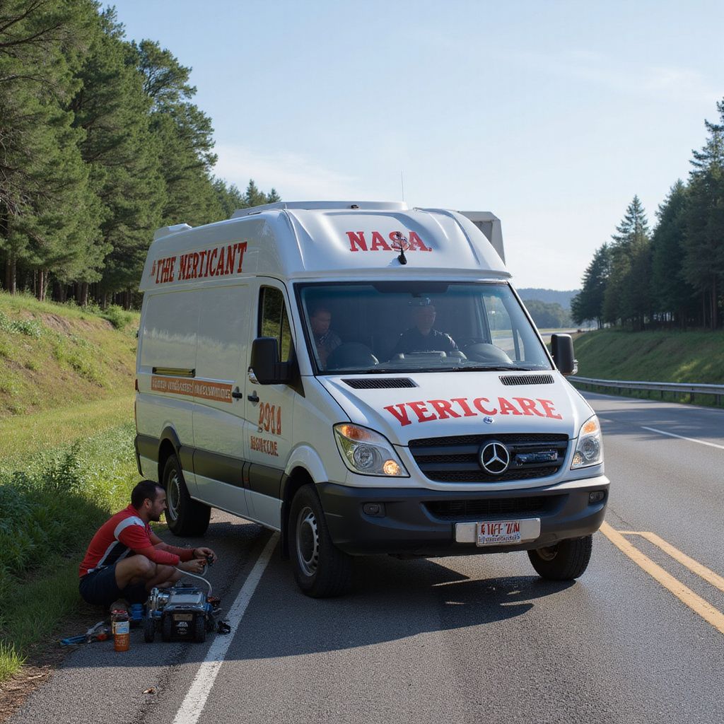 Man working on equipment beside a white VERIcare van on a road. The van has NASA logo.