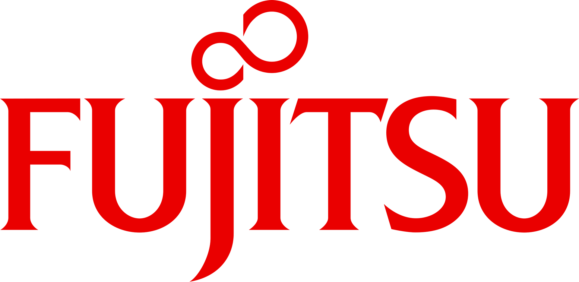 A red fujitsu logo on a white background