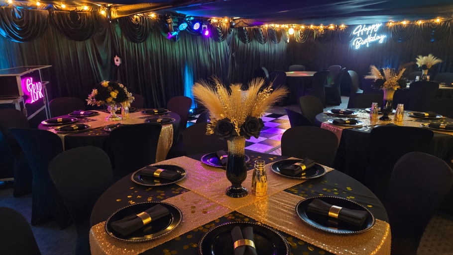 Our black 4.5m x 9m marquee setup in Manchester