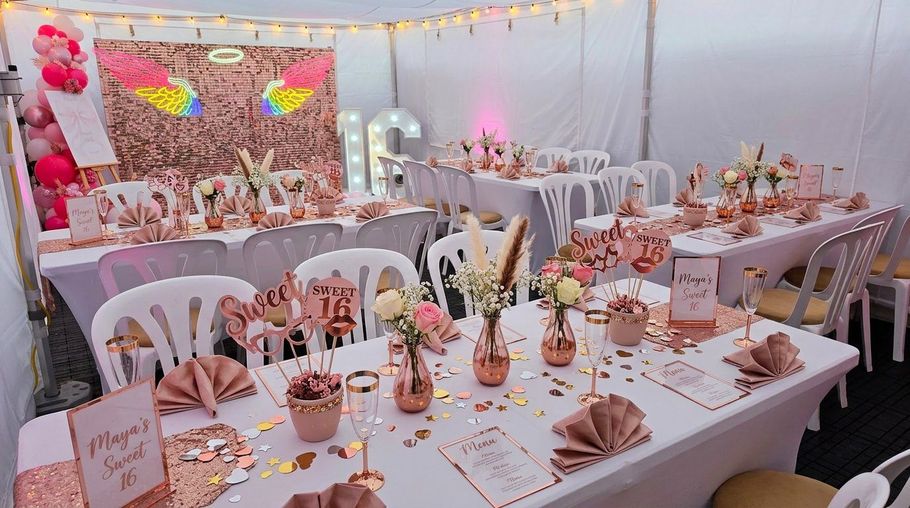 4m x 8m white marquee hire Manchester setup for 16th birthday 