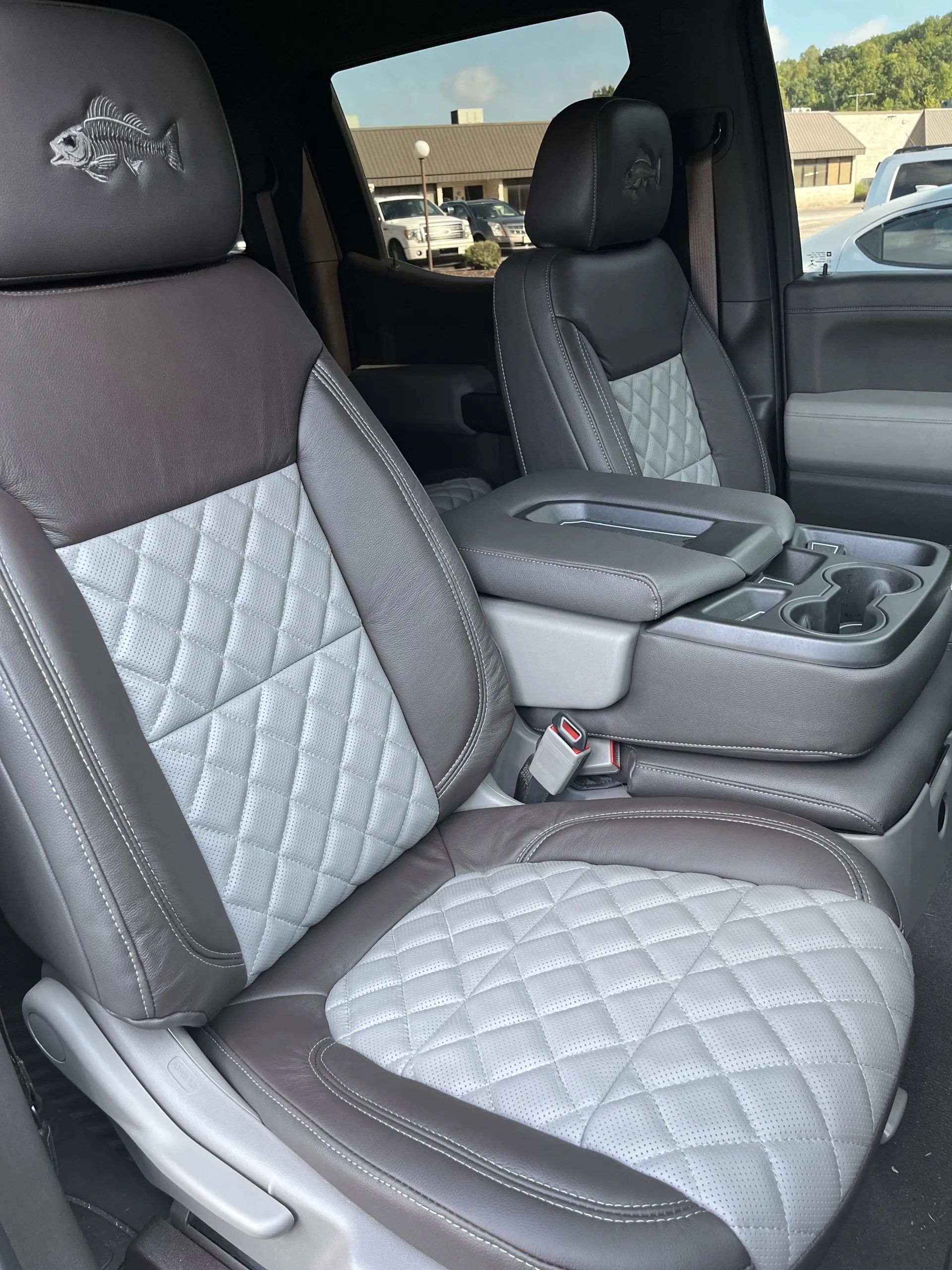 A close up of the seats in a truck