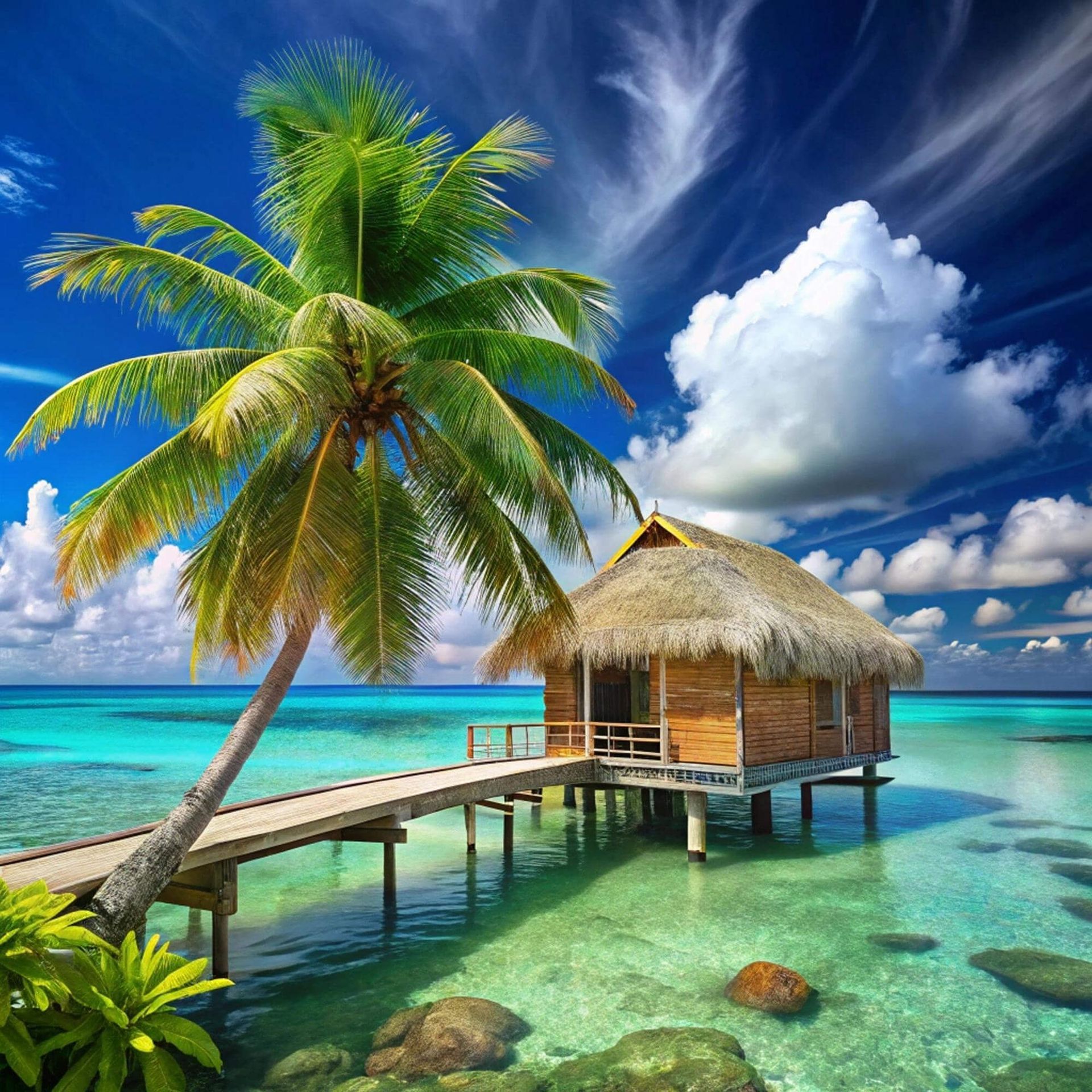 Una choza de paja sobre pilotes en medio del océano