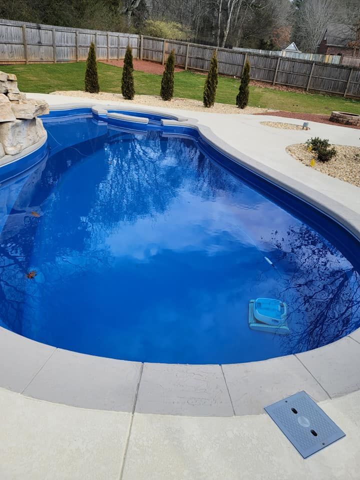 Blue backyard swimming pool with curved concrete deck and small trees along the fence