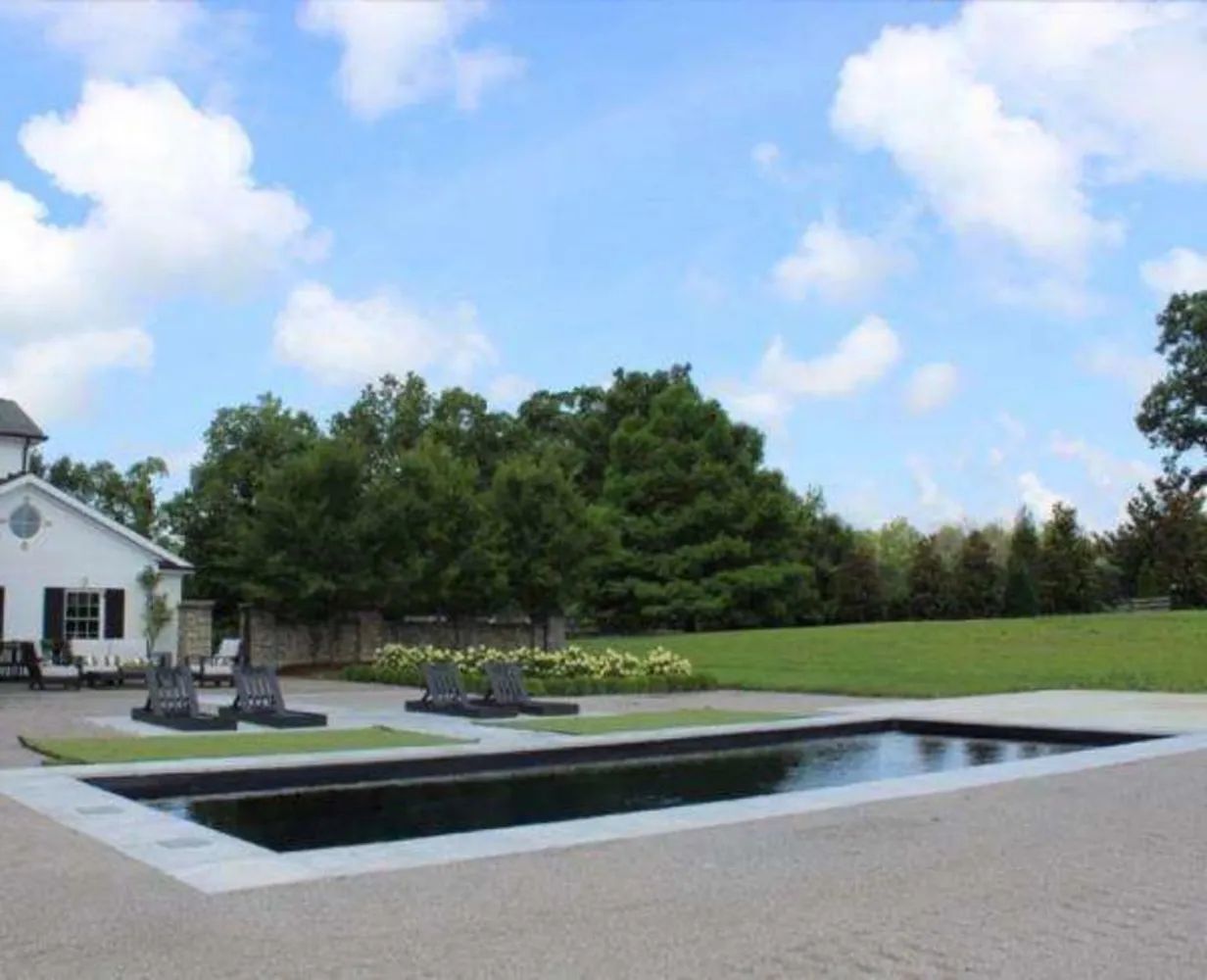 Modern backyard with a rectangular reflecting pool, patio seating, lawn, and trees under a blue sky