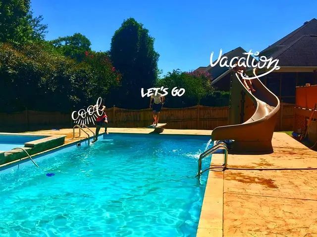 Sunny backyard pool with a waterslide and “cool,” “let’s go,” and “vacation” text overlays