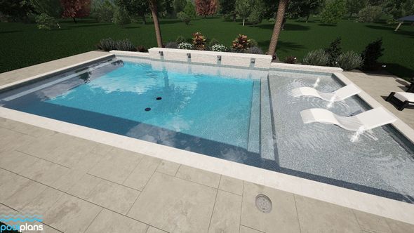 Backyard pool with clear blue water, white lounge chairs, and a landscaped garden backdrop