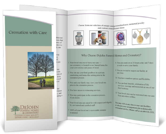 a brochure for cremation with care by dejohn funeral homes and crematory