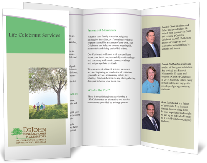 a brochure for life celebrant services by dejohn funeral homes