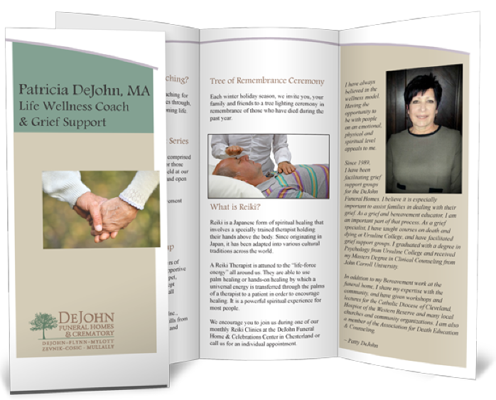a pamphlet titled patricia dejohn ma life wellness coach & grief support