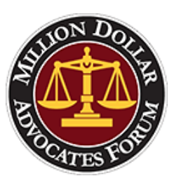 The logo for the million dollar advocates forum has a scale of justice in the center.