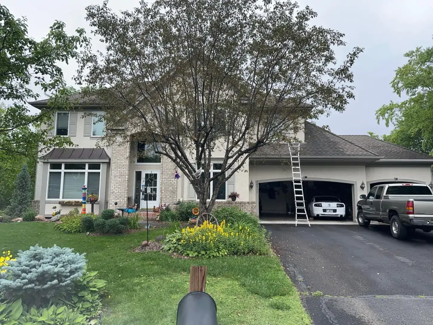 Two-story beige house with a tree in front. A ladder extends to the roof, a car in the garage, and a truck in the driveway.