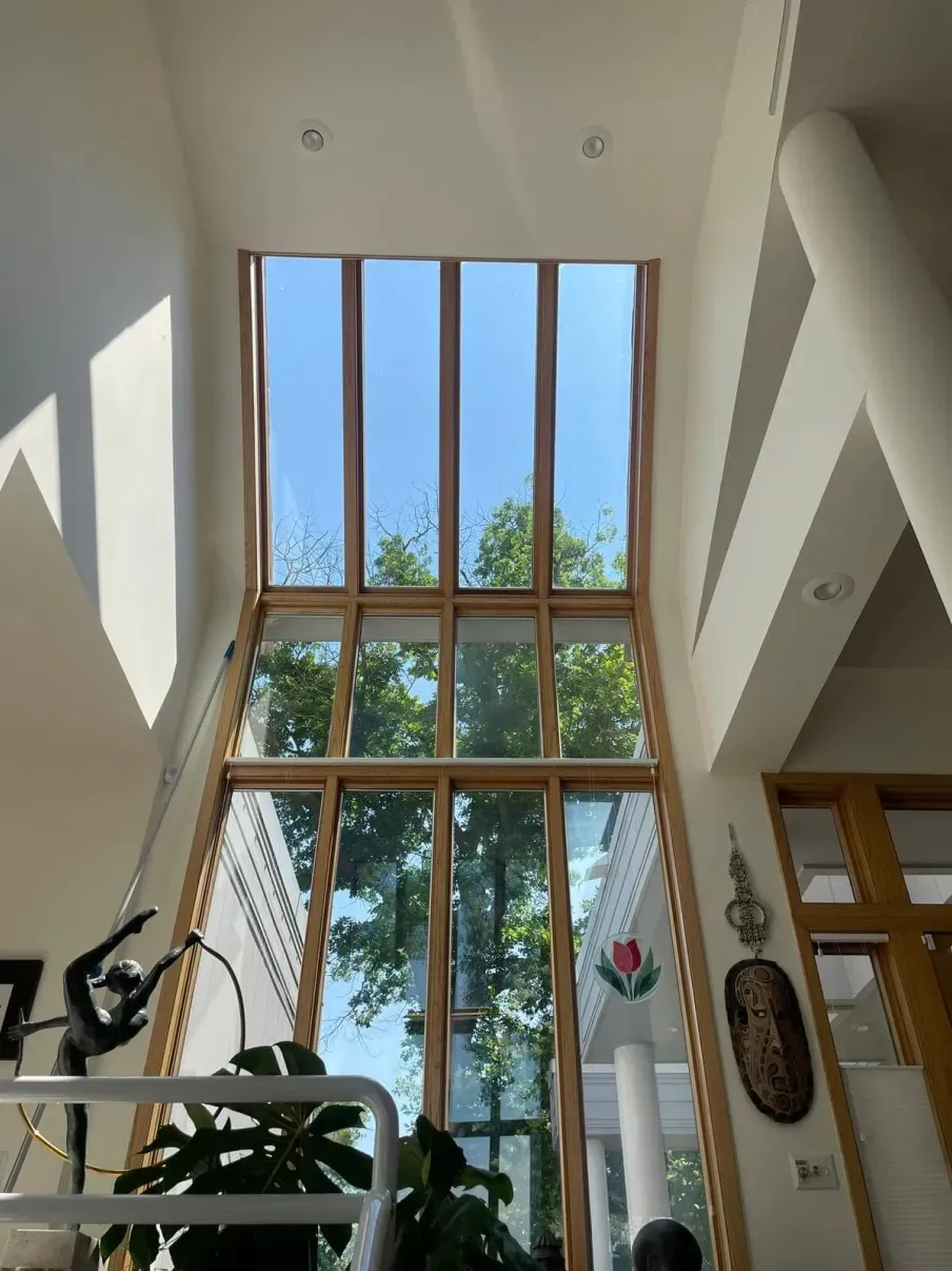 Tall, light-filled room with large windows showing trees and sky; sculpture, plants, and white columns.