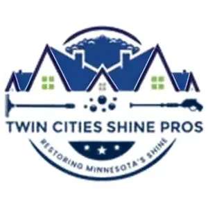 Logo for Twin Cities Shine Pros: blue houses with a pressure washer and cleaning droplets.