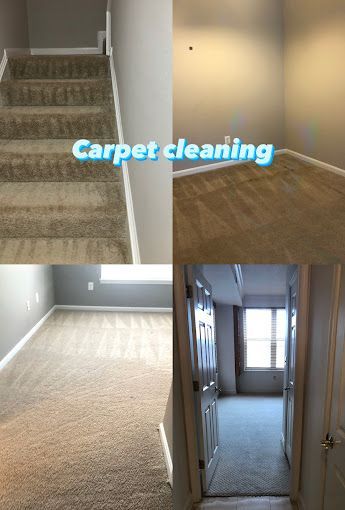 Collage of four photos showing carpet cleaning in a home, including stairs and rooms with beige carpets.