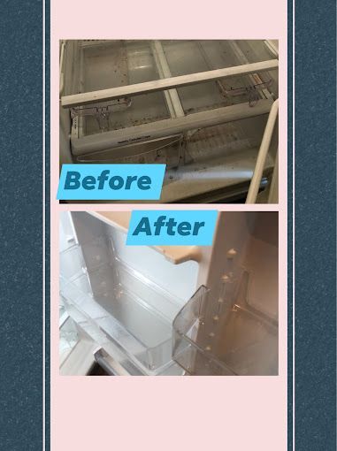 Comparison: Dirty refrigerator shelf (before) and clean refrigerator interior (after).