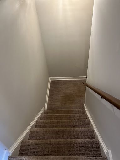 Staircase viewed from above, brown carpet, white trim, wooden handrail, and gray walls.