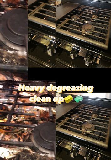 Gas stovetop before and after degreasing, with text 