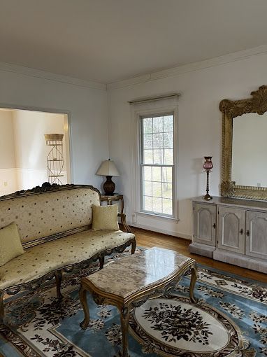 Living room with ornate furniture, beige sofa, marble-topped coffee table, and an oval rug.