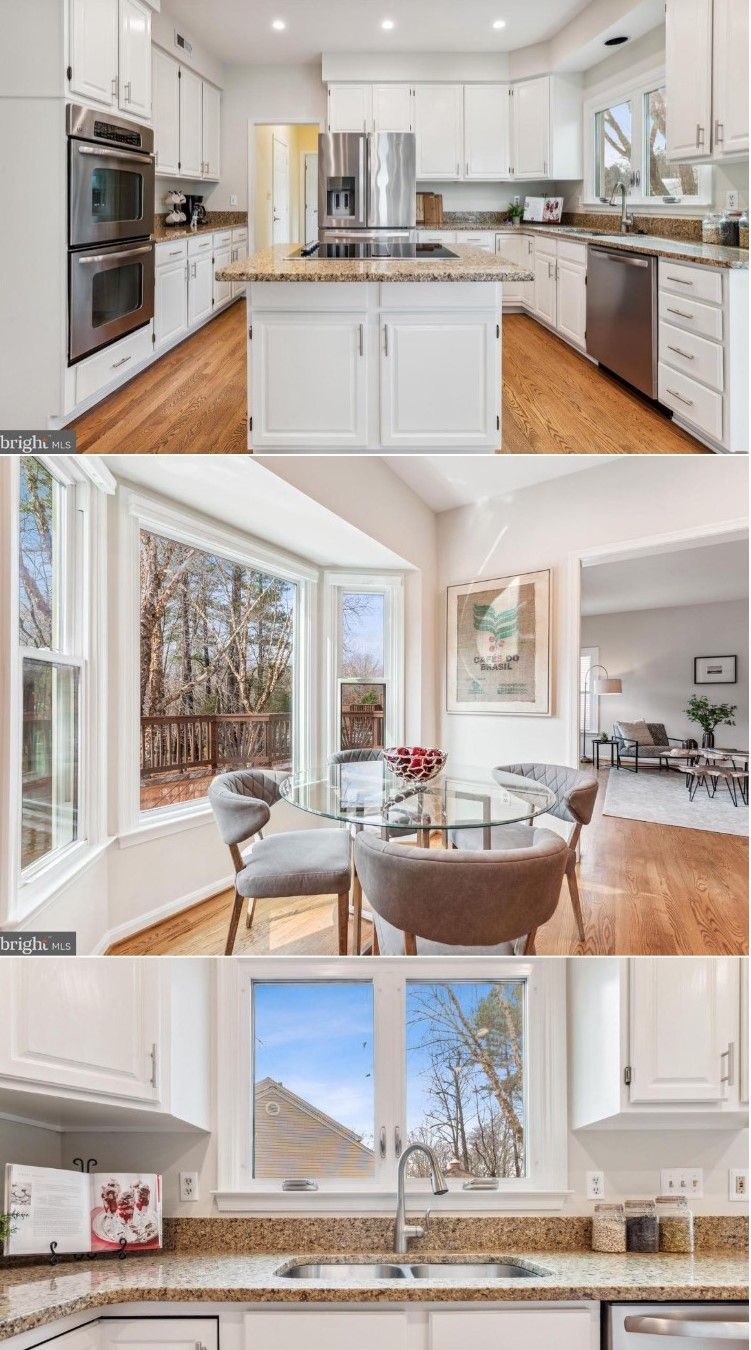 Three interior kitchen views: white cabinets, stainless steel appliances, and a dining area with a window view.