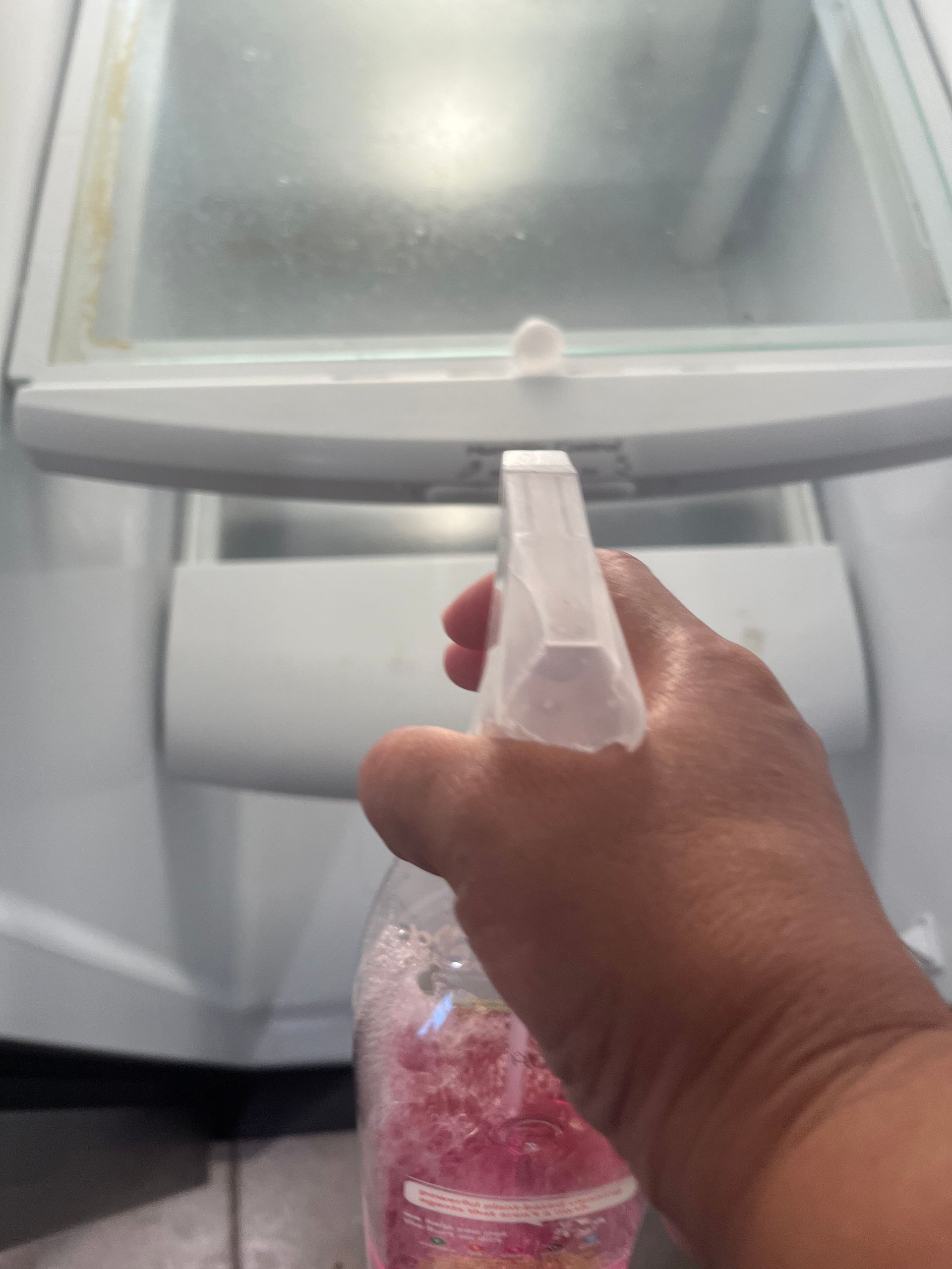 Hand spraying cleaning solution inside an open refrigerator.