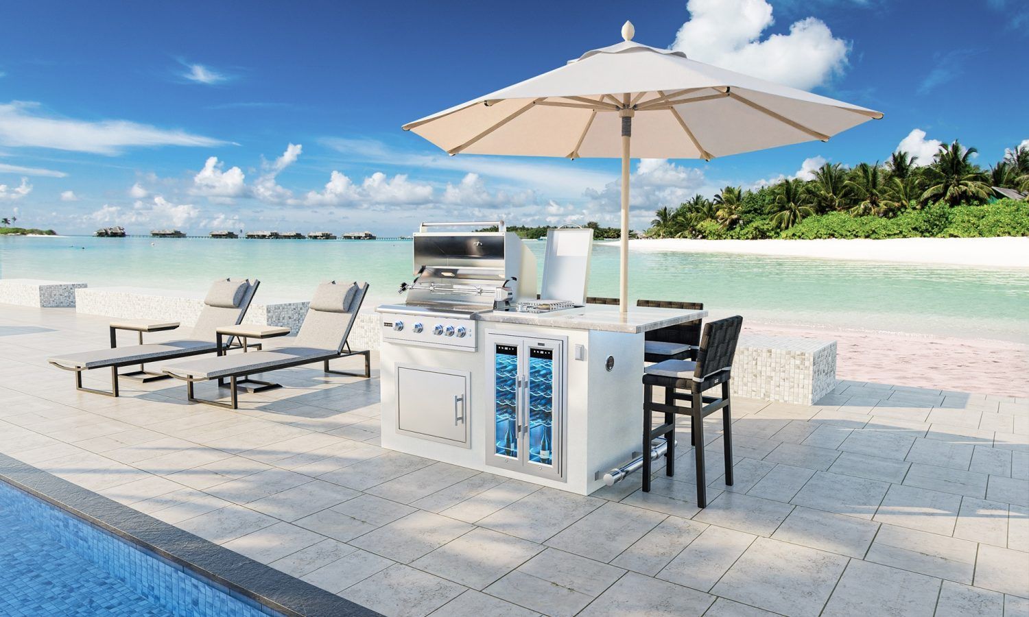 A white umbrella is sitting on a patio next to a swimming pool.